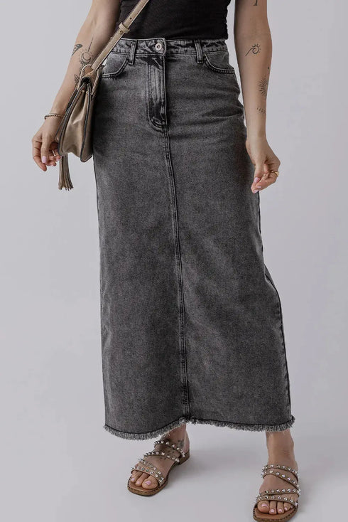 'Mobi' Raw Hem Midi Denim Skirt with Pockets - Celes Fashion